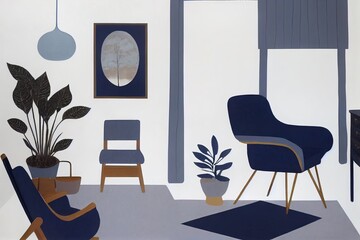 Vintage bedroom interior with retro chair, blue and grey blankets, cushions, plants, white carpet and modern paintings