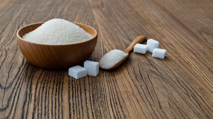 Fototapeta na wymiar A bowl granulated sugar and sugar cubes on the table
