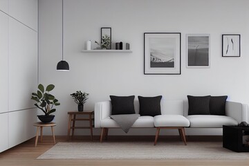 Minimalist Scandi Boho home interior mock up with chest of drawers, chair and decor in living room, 3d render