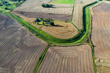farm fields in summer end, aerial view - 539623053