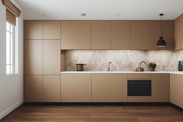 Beige kitchen interior with stone countertop and decor. 3d render illustration mock up.