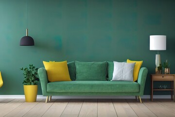 Bright and cozy modern living room interior with green armchair and decoration room on empty dark green wall background.3d rendering