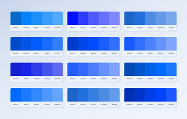 Blue trend color palette catalogue guide in RGB Hex. The palette shades of soft pastel colour sample fashion combination collection.