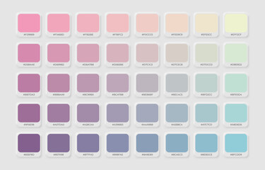 Future color trend in RGB Hex. Palette Guide with Hex color code swatches. Trendy pastel colour guide palette catalogue.