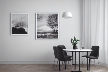 mock up poster frame in white scandinavian dining room, interior background, 3D render