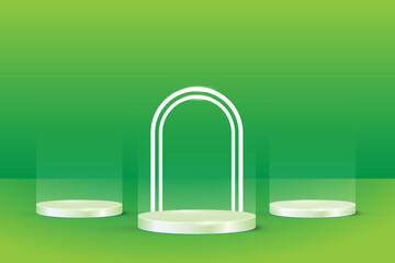 green realistic 3d cylinder pedestal podium with circle neon lamp background. Abstract vector rendering geometric forms. Minimal scene. Stage showcase, Mockup product display.