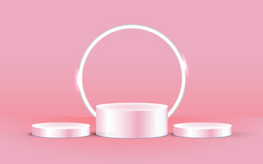 three pink realistic 3d cylinder pedestal podium with circle neon lamp background. Abstract vector rendering geometric forms. Minimal scene. Stage showcase, Mockup product display.