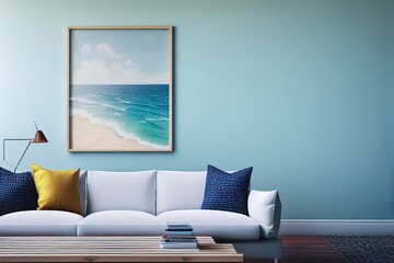 Mockup frame, wall in interior background, Coastal style, 3d render