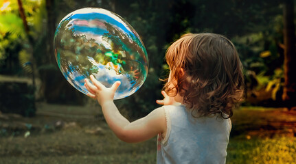 Criança, menina, brincando com bolhas de sabão.