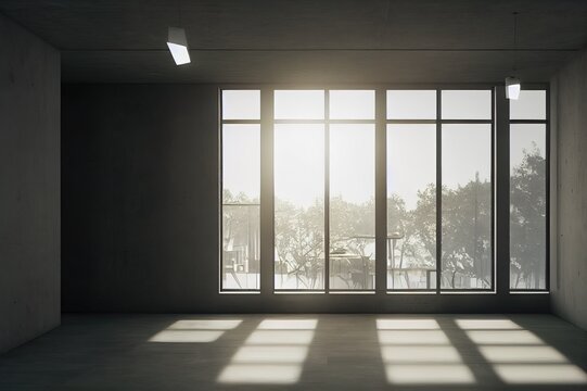Modern style concrete room space interior with sunlight 3d render, sunlight shining into the room.
