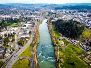 A top down shot of the Willamette River in Eugene Oregon 