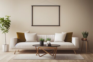 Poster frame mock up in home interior background, living room in beige tones, 3d render