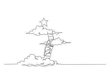 Drawing of muslim woman climbing career ladder to the the top and reaching for the star. One line style art