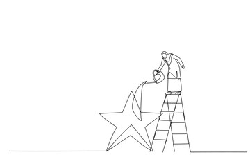 Illustration of muslim woman fill in golden star price. Metaphor for ambition. Continuous line art style