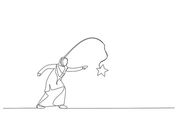 Drawing of muslim woman running with carrot stick trying to grab star prize award. Metaphor for incentive. Continuous line art