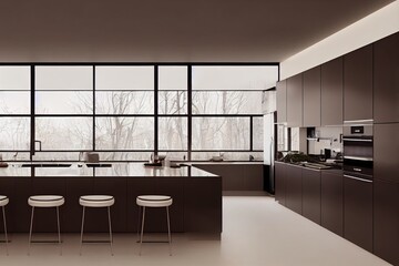 luxury interior design of modern trendy snow white kitchen in minimalistic style with island and two bar stools. huge windows to the floor and a glass rack for dishes