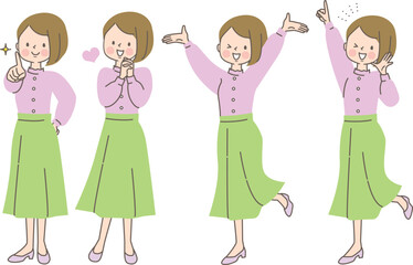 元気な女性のポジティブな表情セット_全身