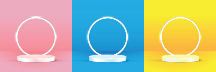 Set of white realistic 3d cylinder pedestal podium with pastel yellow, blue and pink in semi circle backdrop. Abstract vector rendering geometric platform. Product display presentation. Minimal scene.