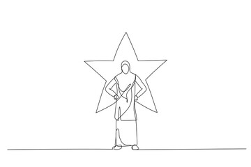 Cartoon of muslim woman standing with glowing star on his background. Single line art style