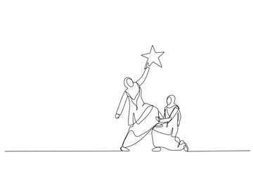 Cartoon of muslim woman manager support colleague to stand on his knee to reach target. Metaphor for teamwork. Single line art style
