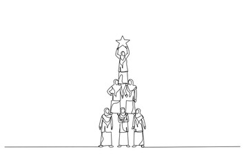 Illustration of teamwork muslim woman pyramid to reach star. Single continuous line art style