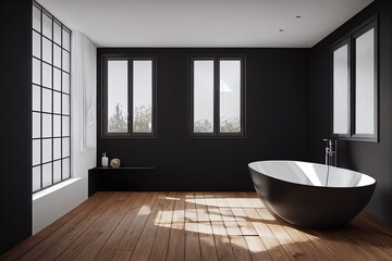Fototapeta na wymiar Black and wooden bathroom interior with a wooden floor, tall windows, a round white tub, an angular sink and a glass shower corner. 3d rendering mock up