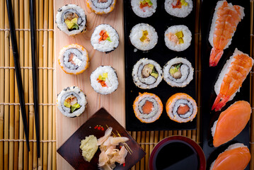 Sushi Set and sushi rolls, maki and nigiri sushi