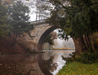 Fototapeta na wymiar romantische Brücke beim Spaziergang im Park an einem nebligen Herbsttag