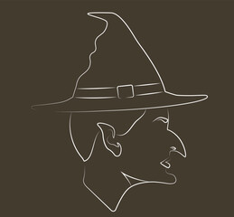 Portrait. Silhouette. Witch silhouette. Female avatar face. Halloween linear witch in a hat. Linear art. Halloween