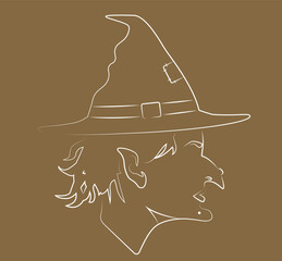 Portrait. Silhouette. Witch silhouette. Female avatar face. Halloween linear witch in a hat. Linear art. Halloween. Old witch
