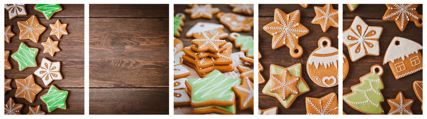 festive Christmas gingerbread cookies in the shape of a star lie on a wooden dark brown background.