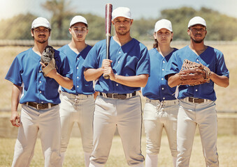 Sports, team and baseball portrait by sport people standing in power, support and fitness training...