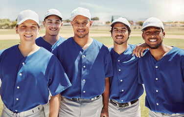 Baseball, team and portrait on baseball field with sports people standing in support of training, fitness and vision. Diversity, softball and softball player group relax before workout practice - Powered by Adobe