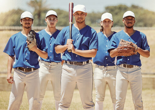 Sports, Team And Baseball Portrait By Sport People Standing In Power, Support And Fitness Training On Baseball Field. Softball, Diversity And Inclusive Team Sport By United Group Ready For Challenge