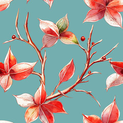 Festive Christmas flowers and plants. Seamless repeating pattern. Digital watercolor