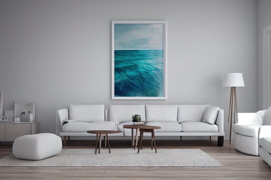 Mock up frame in home interior background, coastal style living room with marine decor, 3d render