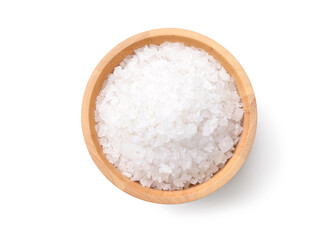 Flat lay of Pure natural sea salt in wooden bowl isolated on white background. Clipping path.
