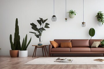 Living room interior wall mockup with tan brown leather armchair, pillow, coffee table and green plants in pots and hanger on empty white wall background. 3D rendering, illustration.