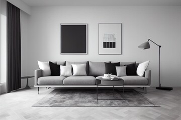 Living room in gray and black colors. blank empty dark room interior. Design in minimalist style. Graphite sofa and herringbone beige accent. 3d render