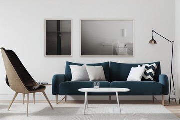 mock up poster frame in modern interior background, living room, Scandinavian style, 3D render, 3D illustration