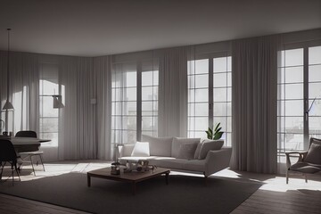 Modern beautiful interior of the room with light walls, large windows and stylish furniture. Bright design in Scandinavian style. 3D rendering