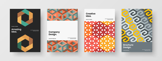 Trendy company cover A4 vector design concept bundle. Vivid mosaic hexagons corporate brochure illustration collection.