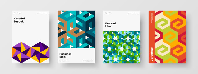 Obraz premium Fresh corporate brochure design vector concept collection. Colorful geometric hexagons journal cover template bundle.