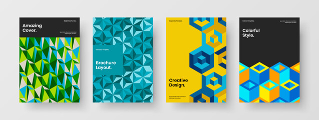 Naklejka premium Vivid company cover A4 design vector illustration composition. Modern geometric tiles poster layout bundle.