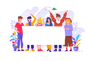 Group of young men and women standing together and holding blank banner