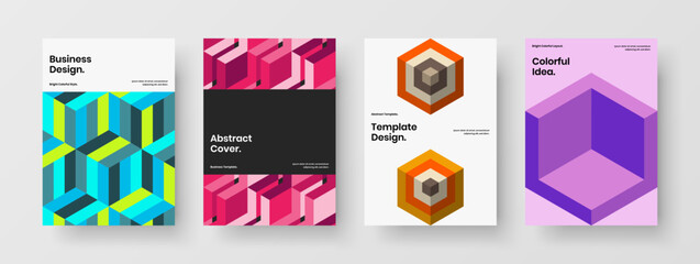 Multicolored geometric shapes company brochure illustration collection. Modern leaflet vector design concept bundle.