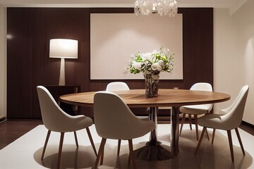 Stylish and modern dining room interior with design wooden sharing table, chairs, glamour decoration and elegant accessories. Flowers in vase. Template. Interior design. Home decor.