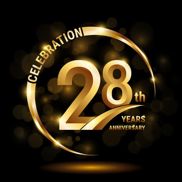 28th Anniversary Logo, Template design for anniversary celebration with golden ring and text, vector illustration