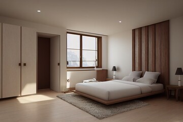 Naklejka na ściany i meble Wooden bedroom design mockup in loft apartment interior, 3d render, 3d illustration