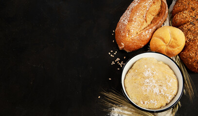 Bread assortment on dark background.
